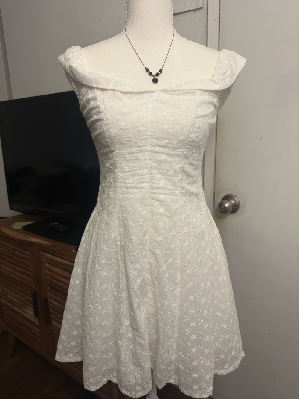 Princess Polly White Off-the-Shoulder Eyelet Fit & Flare Dress